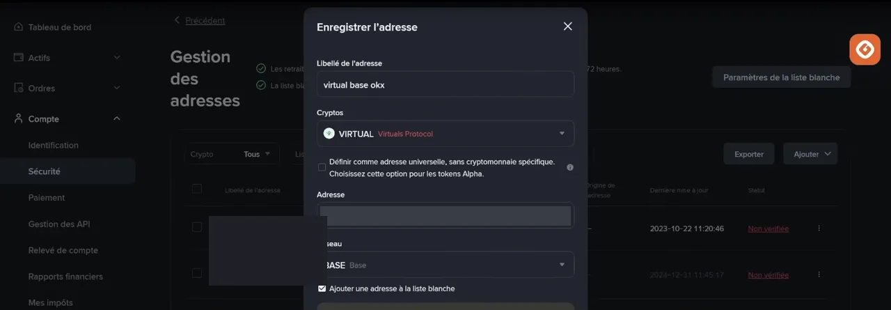 Fenêtre « Enregistrer l'adresse » de Binance : libellé virtual base okx, crypto VIRTUAL, adresse masquée, réseau BASE et case « Ajouter une adresse à la liste blanche » cochée