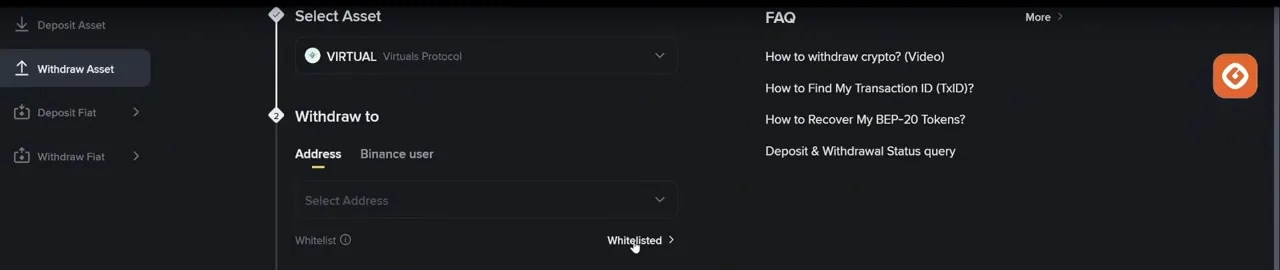 Formulaire de retrait de Binance : actif VIRTUAL sélectionné, envoi vers une adresse, choix de l'adresse et mention Whitelist activée