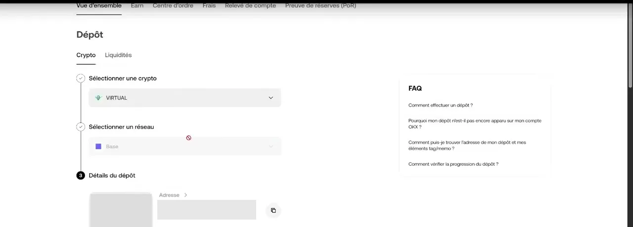 Page Dépôt d'OKX : crypto VIRTUAL sélectionnée, réseau Base, puis détails du dépôt avec le QR code et l'adresse de dépôt, masqués sur cette capture
